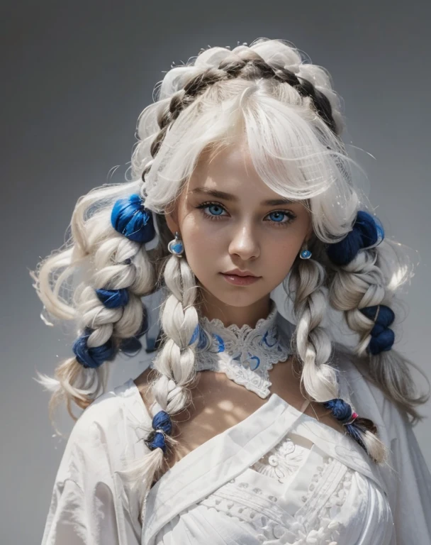 Beautiful girl priestess, Blue eyes, intricate hairstyle, Braids, white clothes, soft power in a glance, high quality, realism.