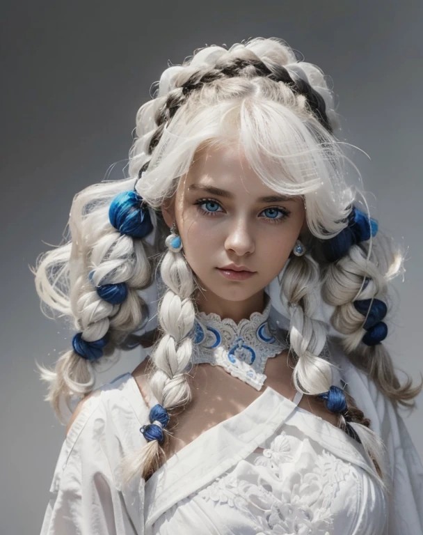 Beautiful girl priestess, Blue eyes, intricate hairstyle, Braids, white clothes, soft power in a glance, high quality, realism.