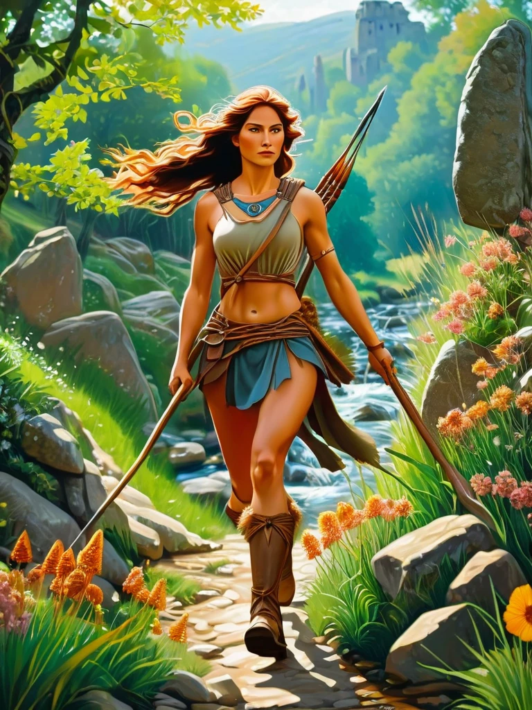 Create a picture of A beautiful fit and athletic Neolithic European Female Hunter in a Neolithic Flowery Woods during Neolithic Spring, detailed beautiful face, carrying her new big and long spears with strong sharp copper tip, wearing hunter leather protection clothing made from natural materials like leather shoes, leaves and bark, running so fast carrying the big and long spears with sharp copper tip chasing the prey, with a small Neolithic village and ancient standing stones in the background, photorealistic digital painting, vibrant colors, insanely detailed and intricate scene, with wildlife, featuring a meandering river or stream, with more flowers and plants in the foreground, art by Alphonse Mucha, Greg Rutkowski and Studio Ghibli Aesthetic