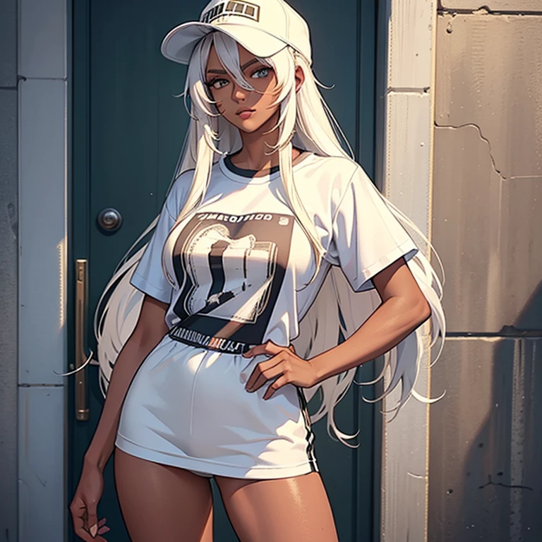 ((best quality)), ((masterpiece)), (detailed),High quality, Ultra detailed, best quality, insanely detailed, beautiful, masterpiece,
White hair, long hair, (tanned skin:1.3),woman,20s,track cap ,T shirt,cowboy shot