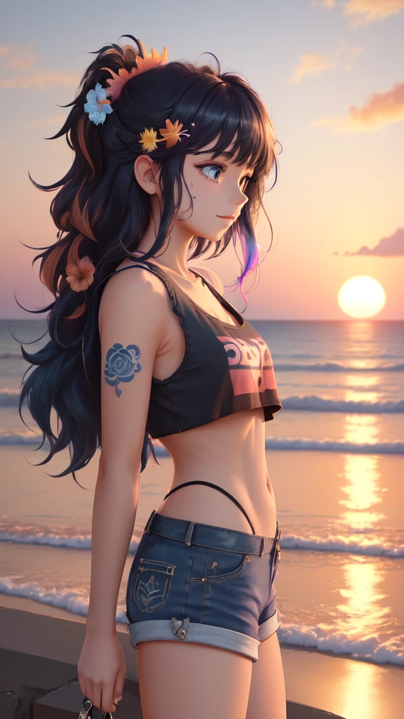 (masterpiece, best quality, ultra detailed, ultra high resolusion, highres,8k:1.4), BREAK,(from side:1.2), 20_years_old, 1giri standing-at-the-edge-of-the-waves,smile, beach, (looking away:1.7), (dark_skin:1.2),(tribal_tatoo:1.2),(wavy hairs),(messy hair),(asymmetry bangs),(multicolored hair), 
Tsurime Eyes, (((blue eyes))), jitome, 
((flower hair ornament)),(shortpants,tanktop:1.4), (sunset:1.3), 