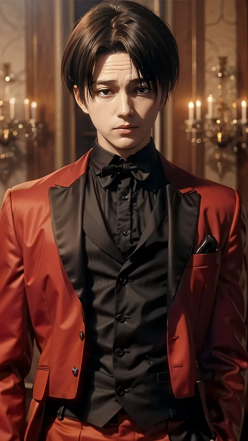 Real life adaption of this character, Korean teen handsome face,looking to viewer,realistic same hair ,realistic exquisite decorations, antique chandeliers, stunning, sparkling champagne glasses, settings, sparkling blurry background, romantic atmosphere, wearing suit, red suit, hyper realistic, realistic light, realistic shadow, realism,(photorealistic:1.2), (realistic same outfit),