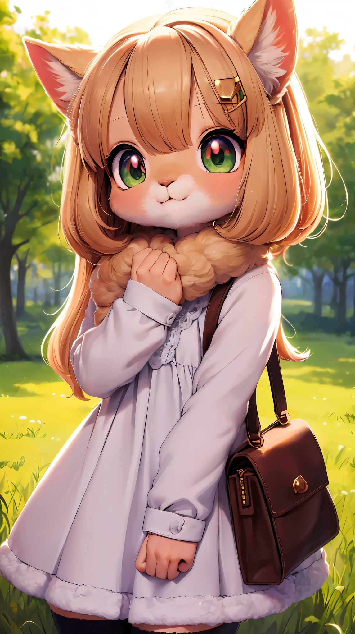 ((Alpaca looking at you)), ((One Alpaca:1.2)), (Chibi:1.6), animal, hairy, fluffy:1.1, friendly:1.1, cute, Adorable, Brown, curious look:1.1, Big eyes:1.1, Sharp Eyes, soft fur, Green grass on background, Peaceful environment, beautiful sunny day, High resolution, Realistic:1.37, Bright colors, Bokeh, Portrait, ((Bust up shot)), harmonious color palette, Natural light.