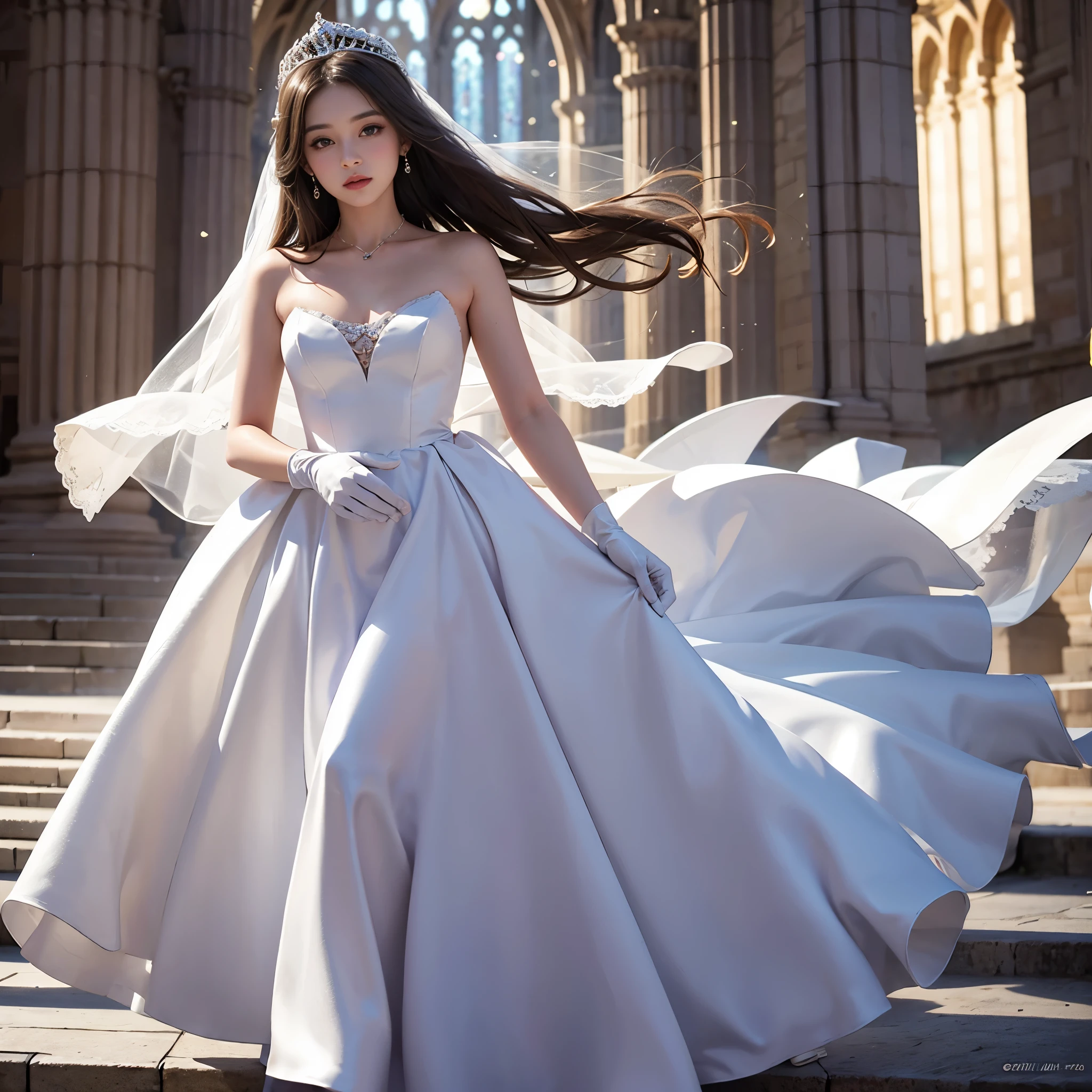 best quality, masterpiece, 1 girl, yak, cute , shiny lips, sweet, sun glare, Conservative attire, white gloves, wedding dress, Bridal tiara, depth of field, blurred background, Cathedral Background, light particles, strong wind, long hair, head tilt