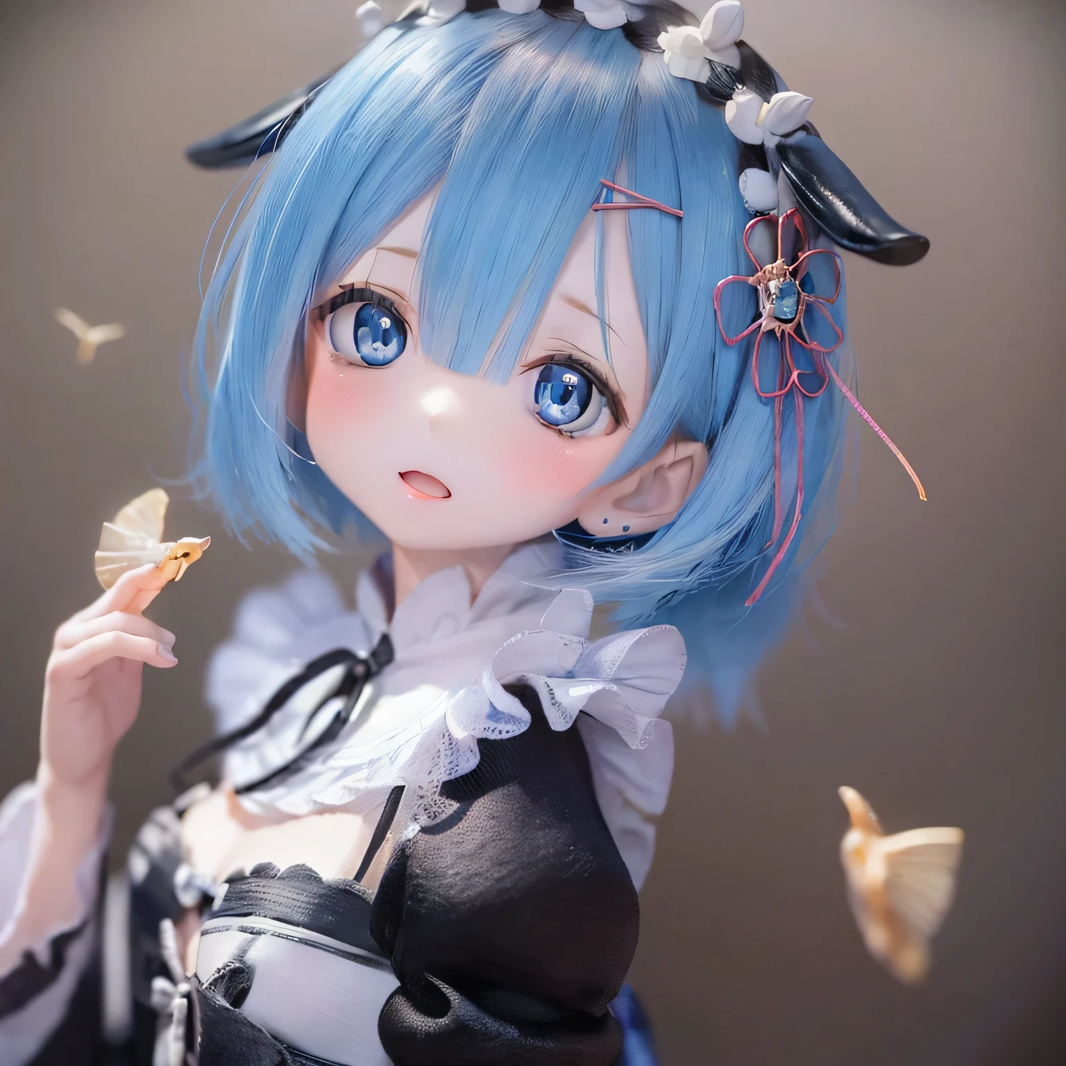 A five-year-old girl named Rem, It is depicted in (((((((baby))))))) style, with beautiful and detailed eyes, lips, and the face. Artwork must be of the highest quality, Sharp focus and ultra-detailed rendering. The color palette should be vibrant and vivid.  The medium must be an illustration or digital painting. For additional details, see、Includes Rem in a cute dress, And with a look of joy.(((Chibi)))Sexy pose Blue hair Cute pose Flat chest