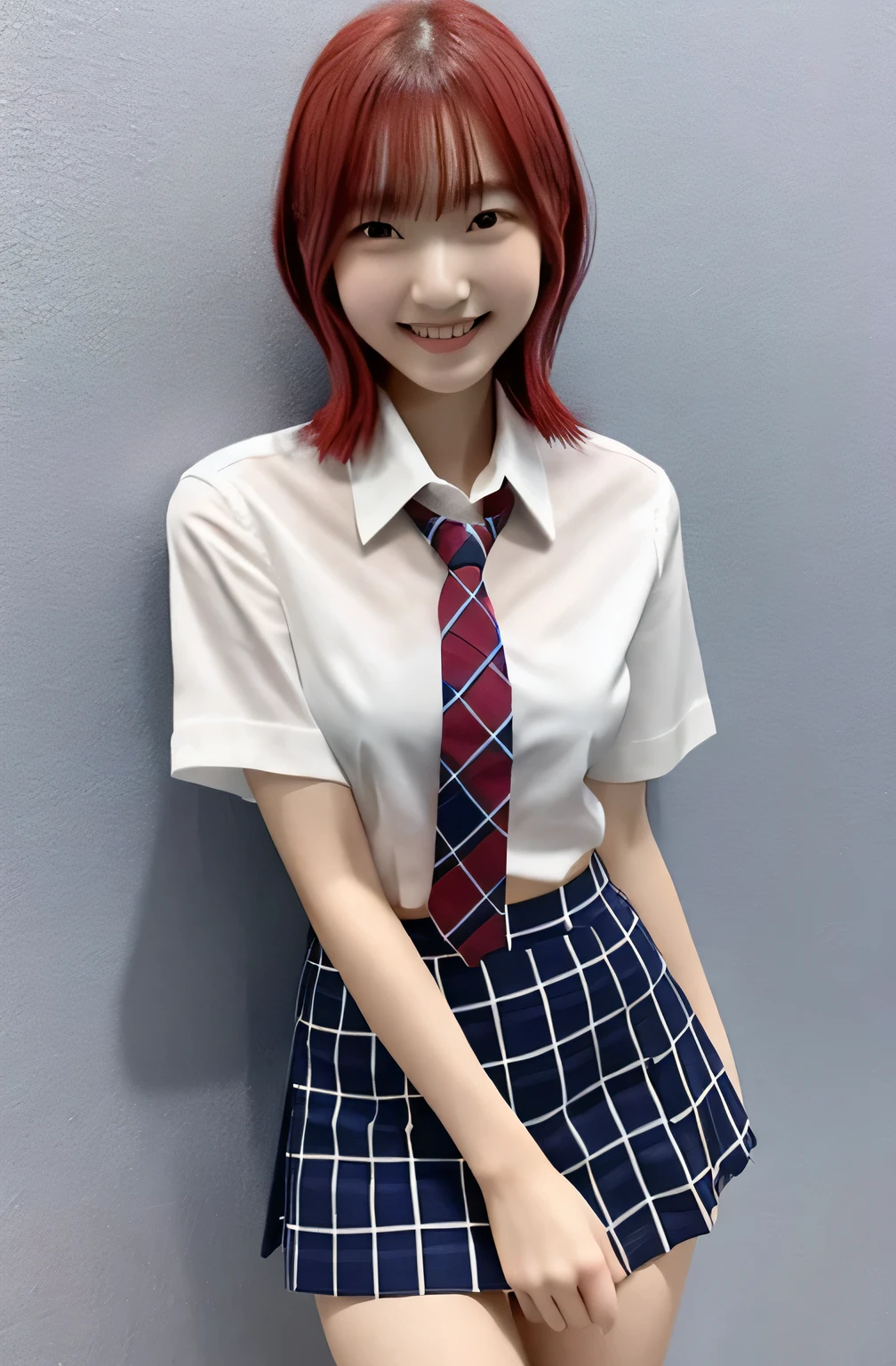 、Japanese、Small breasts, , Red color hair、Bobcut, Navy blue checkered tie, Navy blue mini skirt, White shirt, Idol Sculpture, Wet, smile、Pink wall、Her underwear is slightly visible、sexy、slender