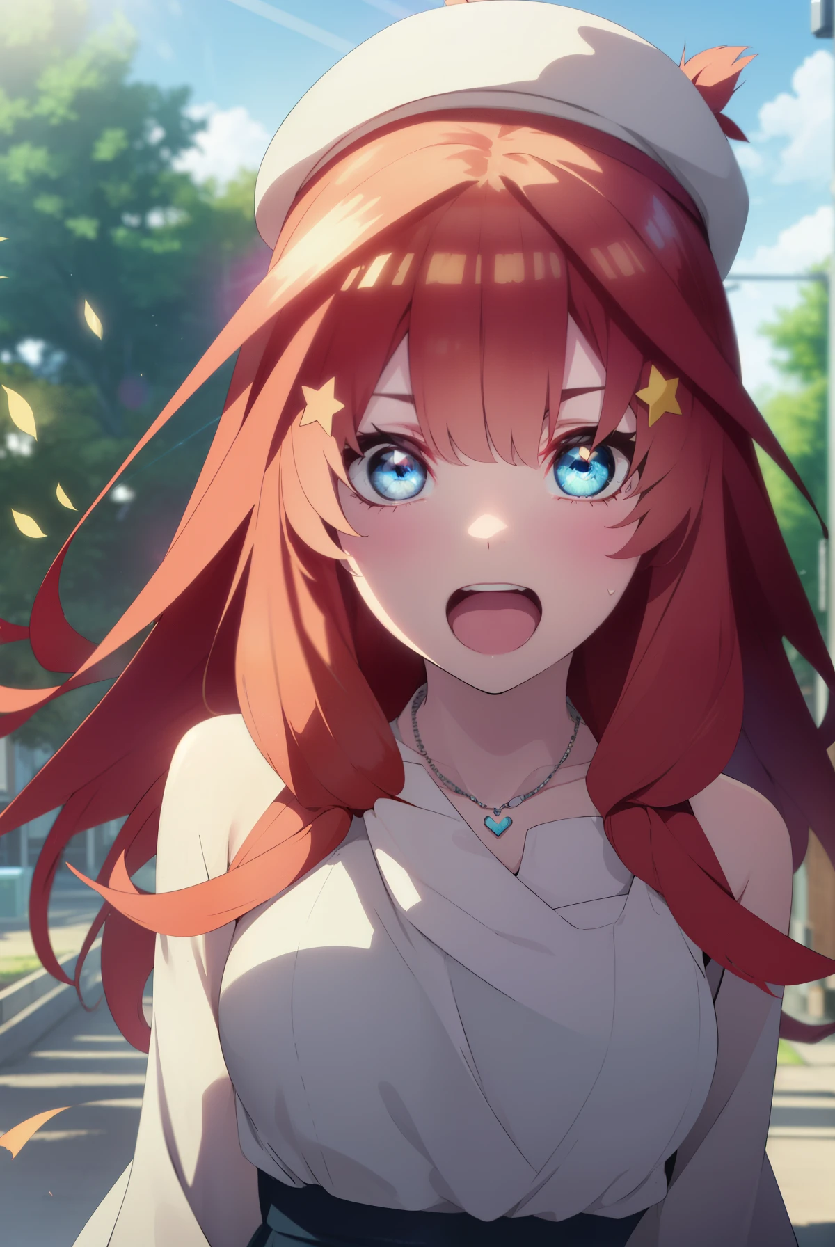 itsukinakano, Itsuki Nakano, bangs, blue eyes, Hair between the eyes, Ahoge, Redhead, star \(symbol\), hair ornaments, star hair ornaments,
(Great Laugh:1.1), (Open your mouth:1.1), Sun glare, Bokeh, Written boundary depth, blurred background, Particles of light, Strong winds, (Heart Particles:1.1),white hat,White long skirt integrated dress,Exposing shoulders,bare clavicle,Bare neck,Bare arms,Cute Sandals,slouch,Look up,Daytime,Clear skies,Heart Necklace,　　 break looking at viewer, Upper Body, whole body,(Cowboy Shot:1. 3) 　　　　　　　　　　　　　　　break outdoors, amusement park　　　　　　　　　　　　break (masterpiece:1.2), highest quality, High resolution, unity 8k wallpaper, (shape:0.8), (Fine and beautiful eyes:1.6), Highly detailed face, Perfect lighting, Highly detailed CG, (Perfect hands, Perfect ???????),