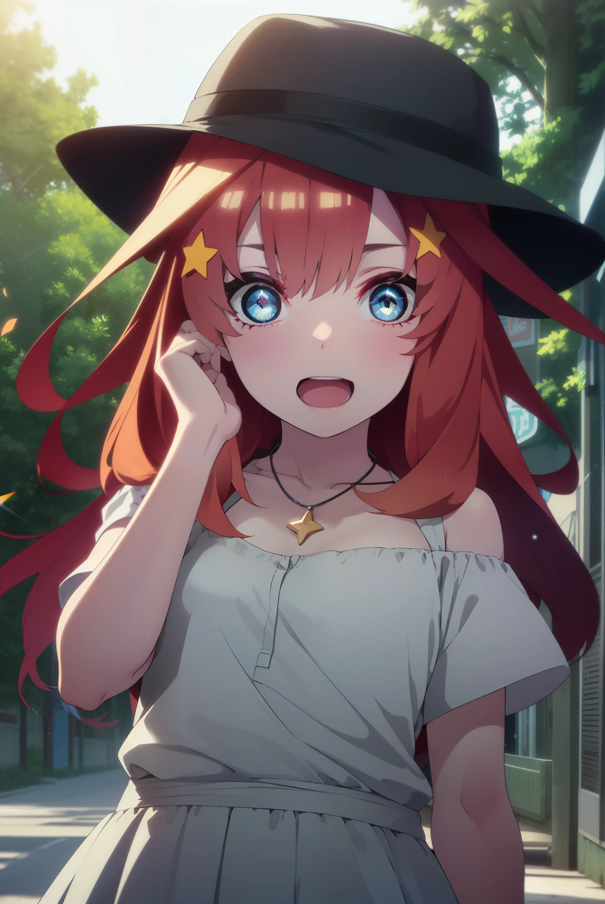 itsukinakano, Itsuki Nakano, bangs, blue eyes, Hair between the eyes, Ahoge, Redhead, star \(symbol\), hair ornaments, star hair ornaments,
(Great Laugh:1.1), (Open your mouth:1.1), Sun glare, Bokeh, Written boundary depth, blurred background, Particles of light, Strong winds, (Heart Particles:1.1),white hat,White long skirt integrated dress,Exposing shoulders,bare clavicle,Bare neck,Bare arms,Cute Sandals,slouch,Look up,Daytime,Clear skies,Heart Necklace,　　 break looking at viewer, Upper Body, whole body,(Cowboy Shot:1. 3) 　　　　　　　　　　　　　　　break outdoors, amusement park　　　　　　　　　　　　break (masterpiece:1.2), highest quality, High resolution, unity 8k wallpaper, (shape:0.8), (Fine and beautiful eyes:1.6), Highly detailed face, Perfect lighting, Highly detailed CG, (Perfect hands, Perfect Anatomy),