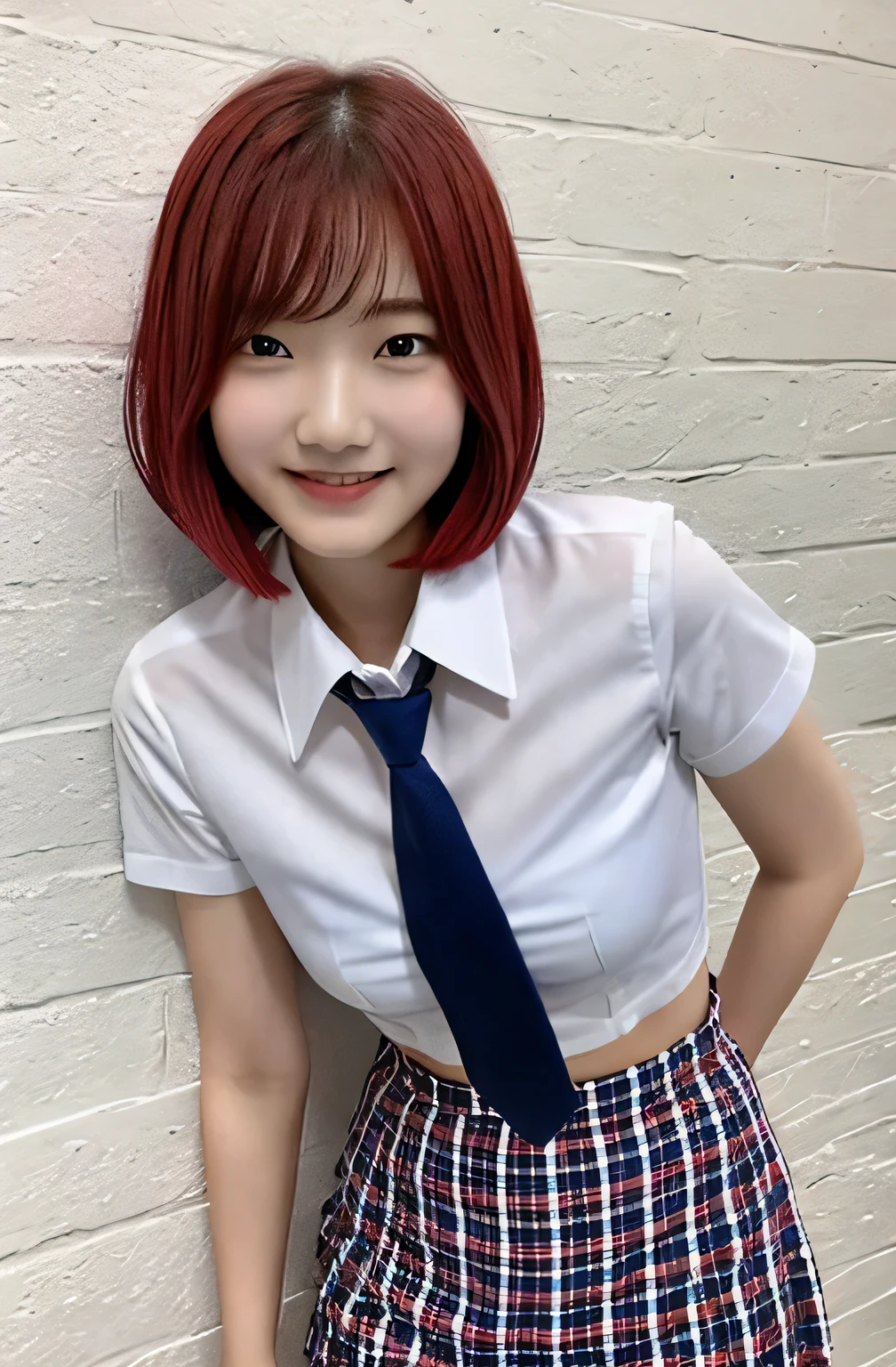 17 years old、Japanese、Small breasts, , Red color hair、Bobcut, Navy blue checkered tie, Navy blue mini skirt, White shirt, Idol Sculpture, Wet, smile、Pink wall、Her underwear is slightly visible、sexy、slender