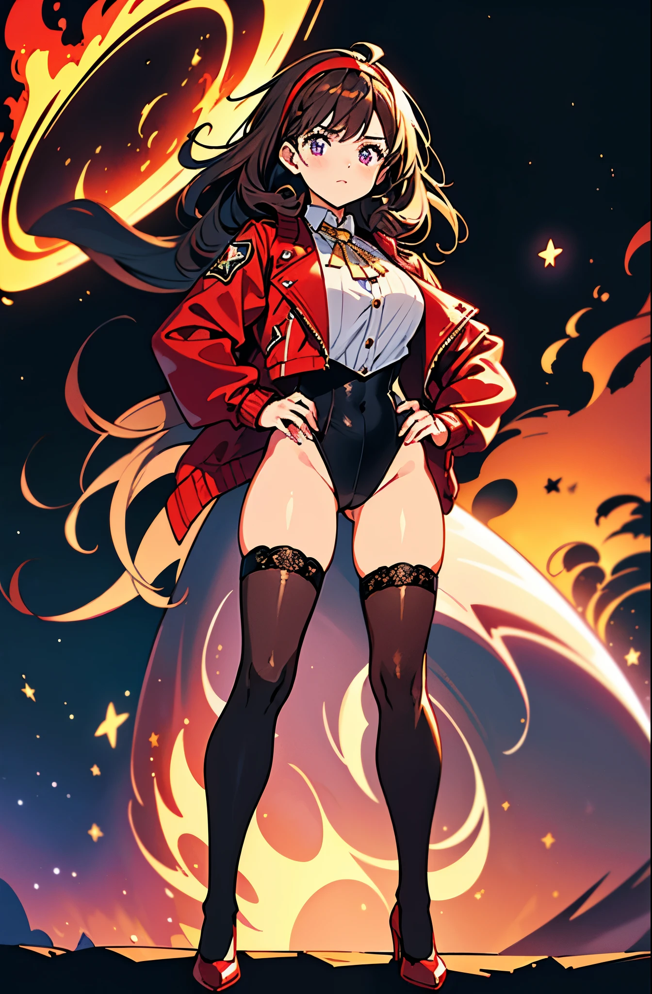 Woman with brown eyes, age 21 (medium hair, dark brown hair, wavy hair, red hairband), ahoge, ((white blouse with black stars, vest, jacket, opened jacket, red jacket with stars)), ((black leotard, bare legs, black thigh highs, high-heel shoes)), purple stellar energy around, cosmic power, cosmic shining power. purple eyes, beautiful detailed eyes, beautiful detailed face, cute face, perfect hands, complete fingers, perfect anatomy, perfect proportions. (casting a spell). full body costume design, full body, cowboy shot.
