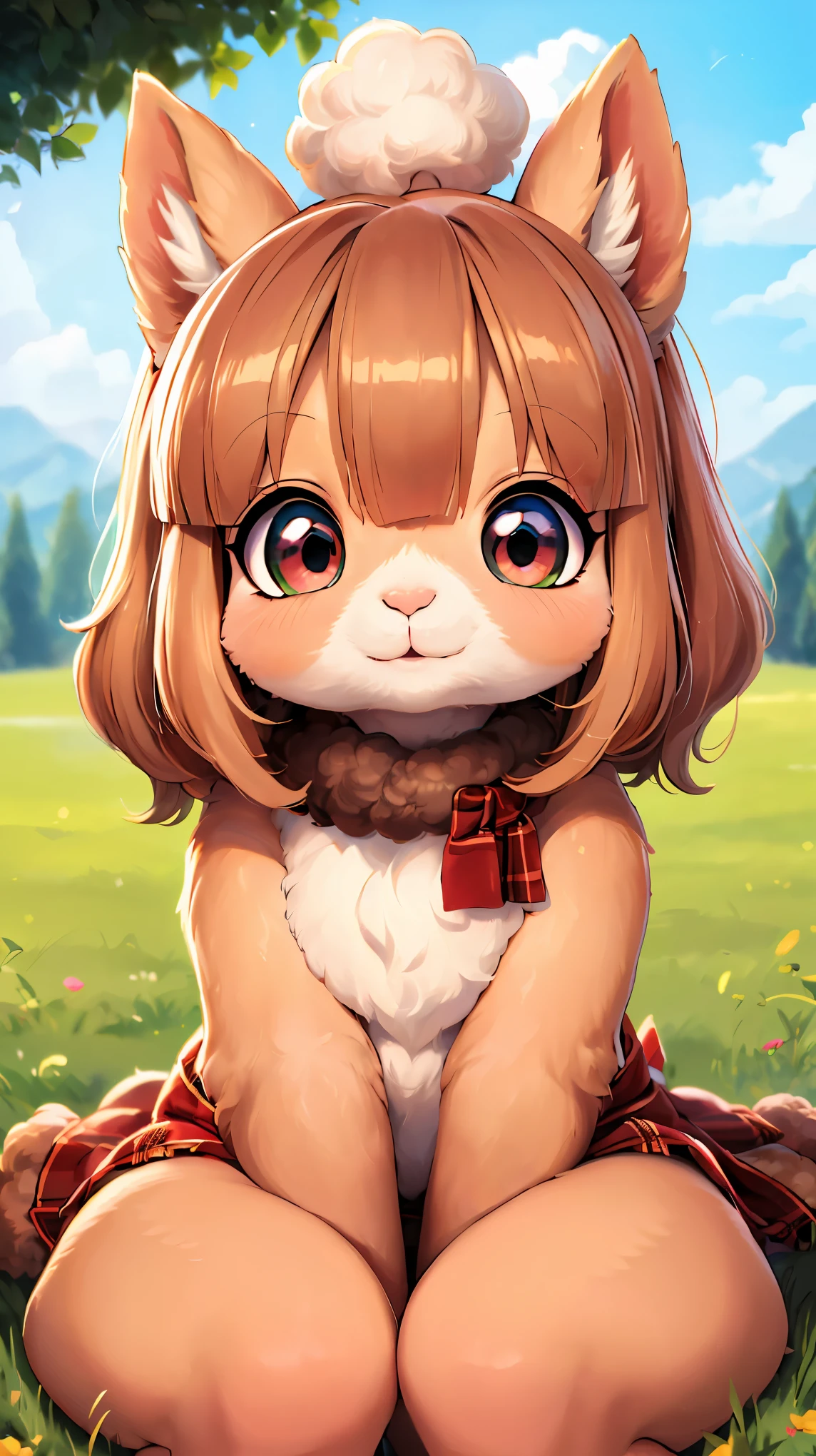 ((Alpaca looking at you)), ((One Alpaca:1.2)), (Chibi:1.6), animal, hairy, fluffy:1.1, friendly:1.1, cute, Adorable, Brown, curious look:1.1, Big eyes:1.1, Sharp Eyes, soft fur, Green grass on background, Peaceful environment, beautiful sunny day, High resolution, Realistic:1.37, Bright colors, Bokeh, Portrait, ((Bust up shot)), harmonious color palette, Natural light.