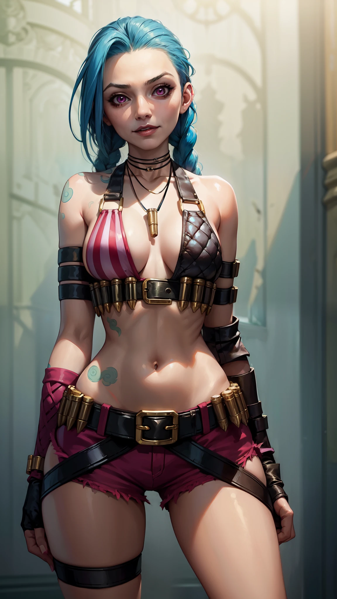 (masterpiece, best quality:1.2), intricate details, jinx \(league of legends\), 1girl, twin braids, single elbow glove, short shorts, bikini top only, necklace, belt, bullet, fingerless gloves