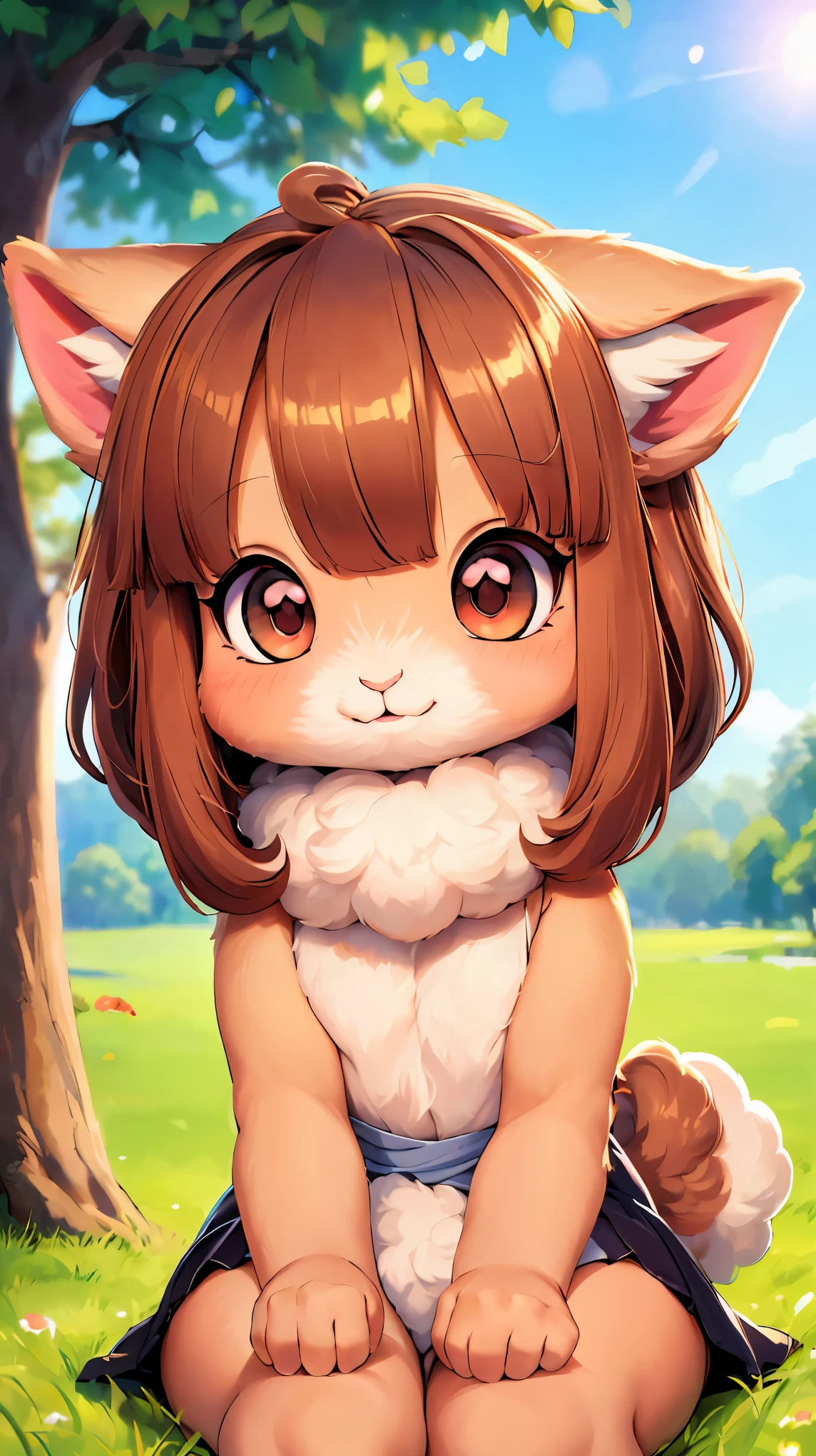 ((Alpaca looking at you)), ((One Alpaca:1.2)), (Chibi:1.6), animal, hairy, fluffy:1.1, friendly:1.1, cute, Adorable, Brown, curious look:1.1, Big eyes:1.1, Sharp Eyes, soft fur, Green grass on background, Peaceful environment, beautiful sunny day, High resolution, Realistic:1.37, Bright colors, Bokeh, Portrait, ((Bust up shot)), harmonious color palette, Natural light.