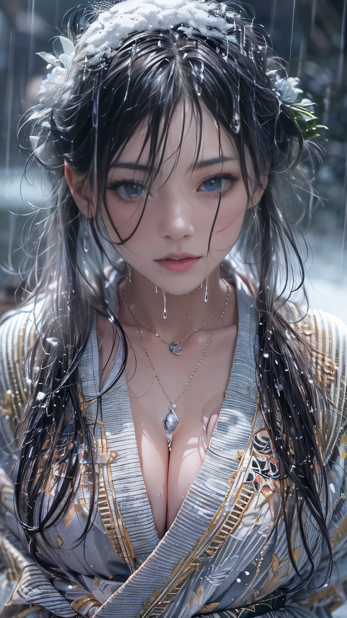 (Realistic:1.5, 8k, highest quality, masterpiece, Ultra-high resolution), (((heavy snow, From below))), Perfect dynamic composition:1.2, (In front of a shrine at night in a modern city, Expressions of sadness:0.9, Low angle shooting:0.9), Highly detailed skin and facial textures:1.2, Young woman getting wet in the rain:1.3, Fair skin:1.2, Sexy beauty:1.1, Incredibly slim body:1.2, beautifully、aesthetic:1.1, Very beautiful face:1.2, Water droplets on the skin, (The rain drips down on my body:1.2, Wet body:1.2, Wet Hair:1.3), (Professional kimono dressing, Holding a wet bouquet:1.2, Wearing a wet silver kimono correctly:1.3), (Big Breasts, Bra is sheer, Chest gap), (Big eyes that exude beautiful eroticism:0.8, Lips that exude beautiful eroticism:0.8, woman'The charm of:0.8, Charm:0.8), necklace, Earrings, bracelet, wedding ring, Highly detailed and accurate hand and finger representation