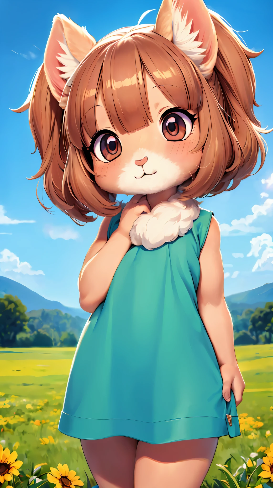 ((Alpaca looking at you)), ((One Alpaca:1.2)), (Chibi:1.6), animal, hairy, fluffy:1.1, friendly:1.1, cute, Adorable, Brown, curious look:1.1, Big eyes:1.1, Sharp Eyes, soft fur, Green grass on background, Peaceful environment, beautiful sunny day, High resolution, Realistic:1.37, Bright colors, Bokeh, Portrait, ((Bust up shot)), harmonious color palette, Natural light.