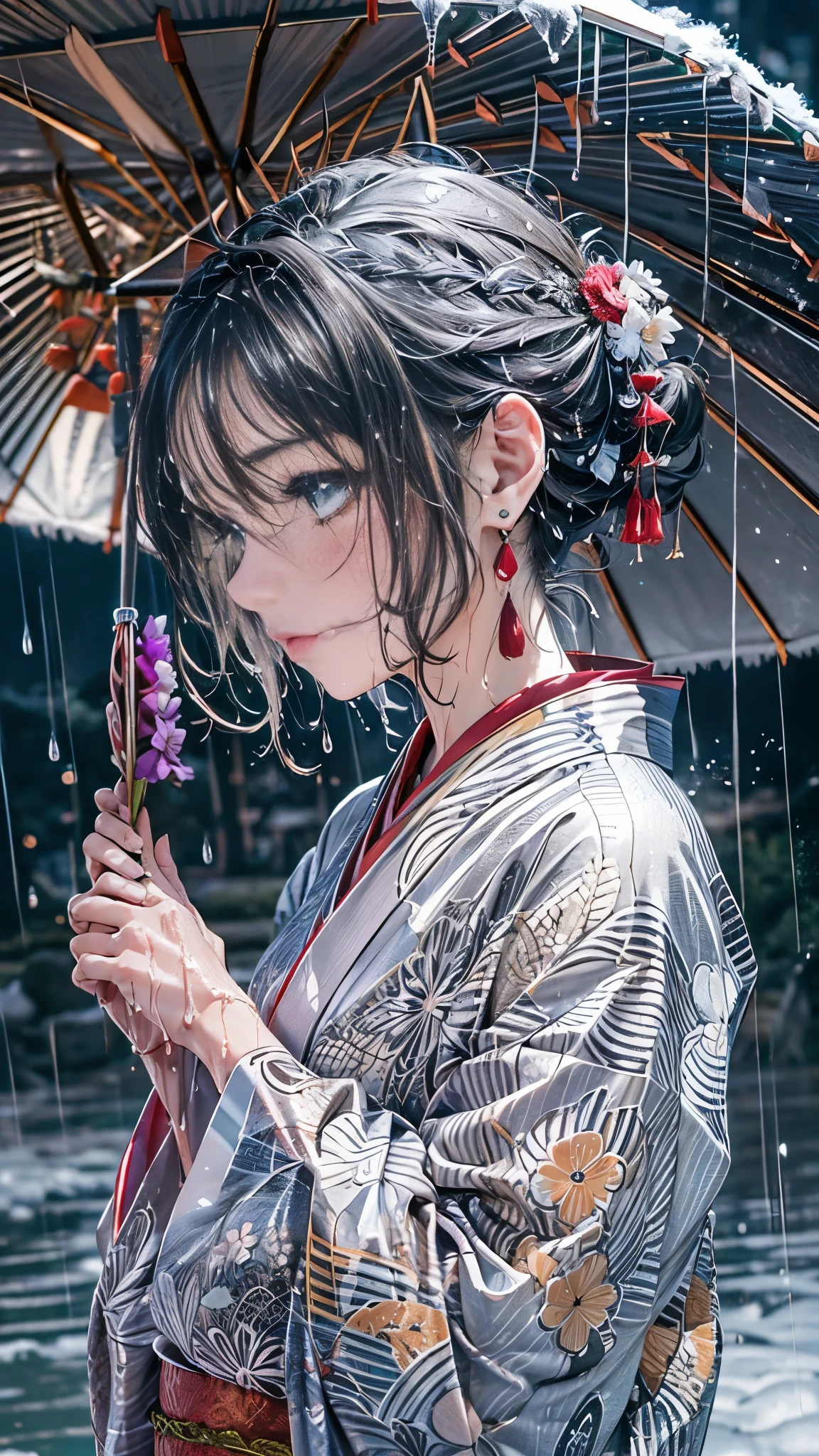 (Realistic:1.5, 8k, highest quality, masterpiece, Ultra-high resolution), (((heavy snow, From below))), Perfect dynamic composition:1.2, (In front of a shrine at night in a modern city, Expressions of sadness:0.9, Low angle shooting:0.9), Highly detailed skin and facial textures:1.2, Young woman getting wet in the rain:1.3, Fair skin:1.2, Sexy beauty:1.1, Incredibly slim body:1.2, beautifully、aesthetic:1.1, Very beautiful face:1.2, Water droplets on the skin, (The rain drips down on my body:1.2, Wet body:1.2, Wet Hair:1.3), (Professional kimono dressing, Holding a wet bouquet:1.2, Wearing a wet silver kimono correctly:1.3), (Big Breasts, Bra is sheer, Chest gap), (Big eyes that exude beautiful eroticism:0.8, Lips that exude beautiful eroticism:0.8, woman'The charm of:0.8, Charm:0.8), necklace, Earrings, bracelet, wedding ring, Highly detailed and accurate hand and finger representation