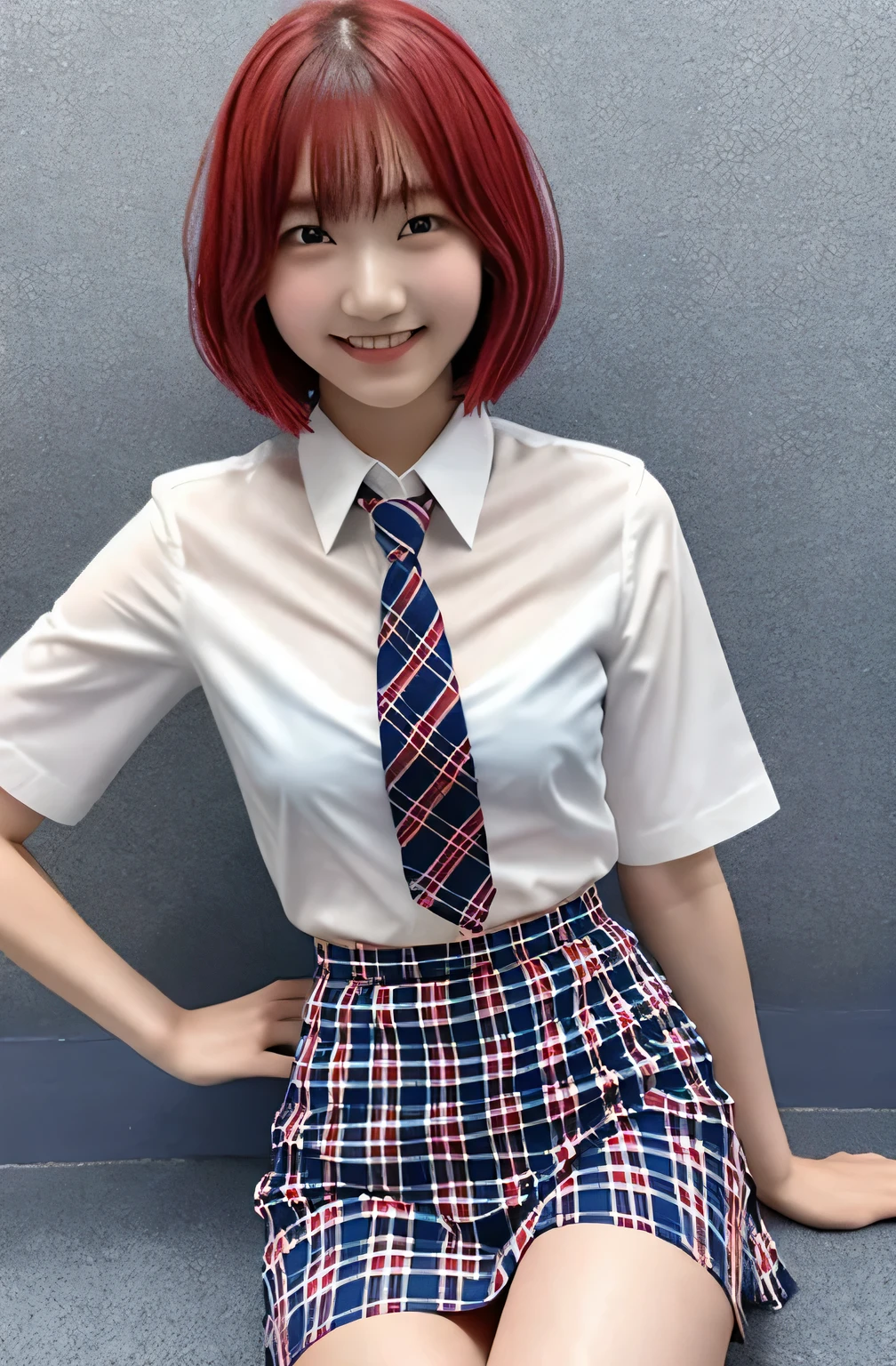 17 years old、Japanese、Small breasts, , Red color hair、Bobcut, Navy blue checkered tie, Navy blue mini skirt, White shirt, Idol Sculpture, Wet, smile、Pink wall、Her underwear is slightly visible、sexy、slender