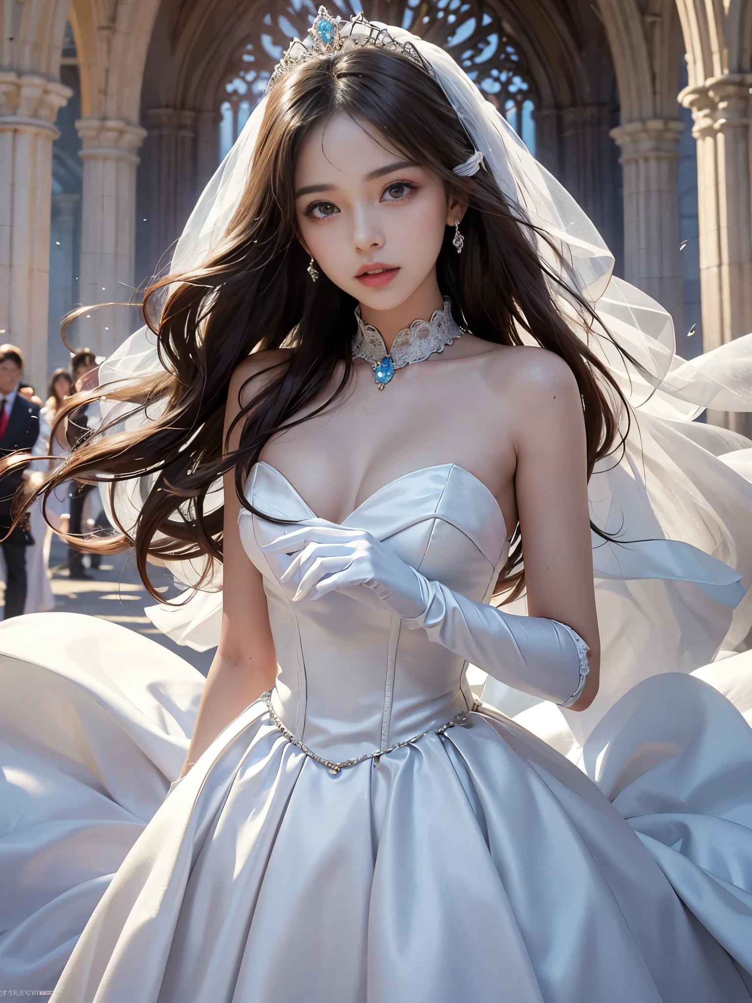 best quality, masterpiece, 1 girl, yak, cute , shiny lips, sweet, sun glare, Conservative attire, white gloves, wedding dress, Bridal tiara, depth of field, blurred background, Cathedral Background, light particles, strong wind, long hair, head tilt