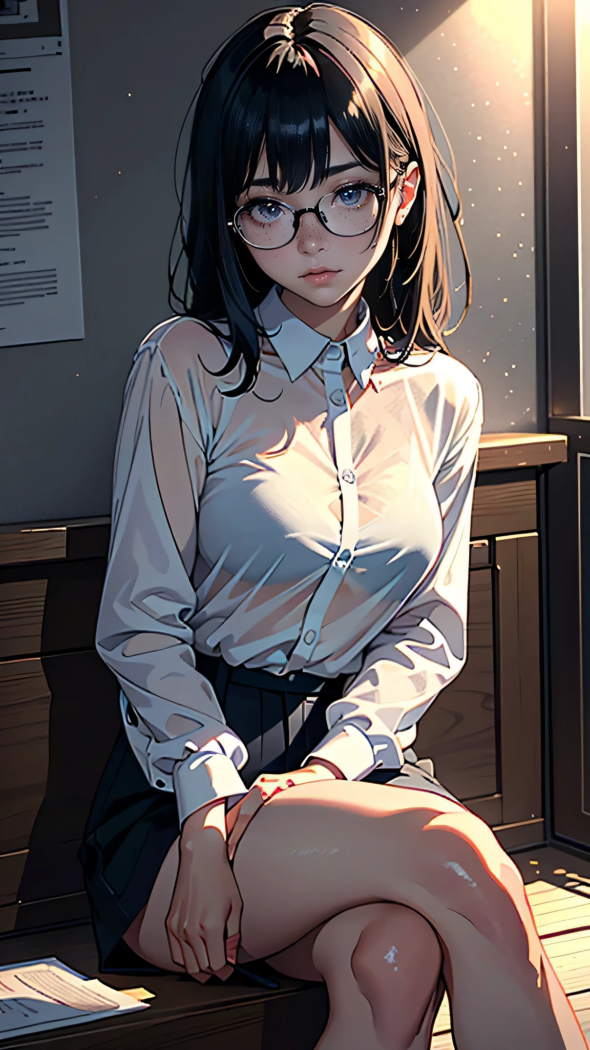 masterpiece, highest quality, (Highly detailed CG Unity 8k wallpaper), (highest quality), (Best illustrations), (Best Shadow), Confused, Realistic lighting, (abyss), Beautiful and delicate shine, Woman working at a construction site,Helmet,Random Pause,((Long sleeve shirt)),Cute freckles on the cheeks,Mole under left eye,There is a woman sitting on the floor with her legs crossed.., wear glasses, Japanese Model, wear glasses on, With square glasses, Young sensual gravure idol, yasumoto oka, A real young gravure idol, no glasses,