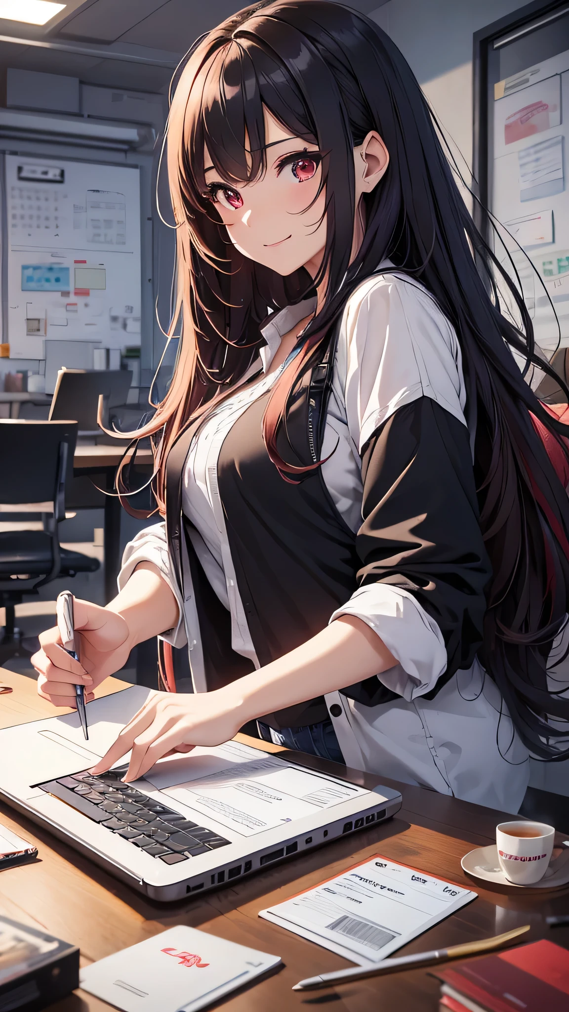 最high quality、Best image quality、masterpiece、girl((20-year-old、 By becoming、Best Bust、Medium Bust,Wide open breast tea、red glowing eyes, Black and red hair、Disheveled Hair、Long Hair、thin,The highest valley、White overshirt、Open chest、White wristband、smile、Leaning forward、hair ornaments、have a laptop、Side angle、Lointail、Bubble gum)),high quality、Beautiful art、background((White computer room、Coffee cup、line of light、Whiteboard、graffiti))、Flight、Flying debris、Written boundary depth、movie、Visual Arts、Perfect art、8K,Genuine、