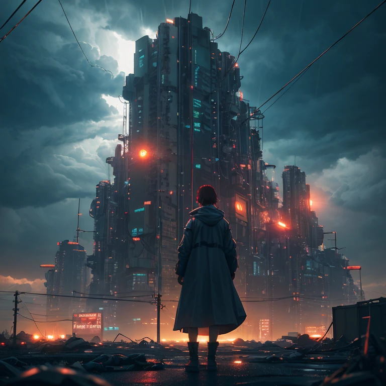 Overall plan, distant plan, 1 woman in a raincoat, (looking into the camera:1.1), pixel, heavy rain, neon lights, dangling sprinkler wires, cinematic lighting, Close-up, cyberpunk, solid surface modeling, full of combat gear, red backlight, unclear lighting contrast, poetic, detailed, realistic, 8K UHD, high quality, large cumulus clouds, strong lightning on the horizon, (Megalithic structures:1), dramatic, dangerous, sunlight background, unreal, (Surreal:1), unreal engine, cinematic light