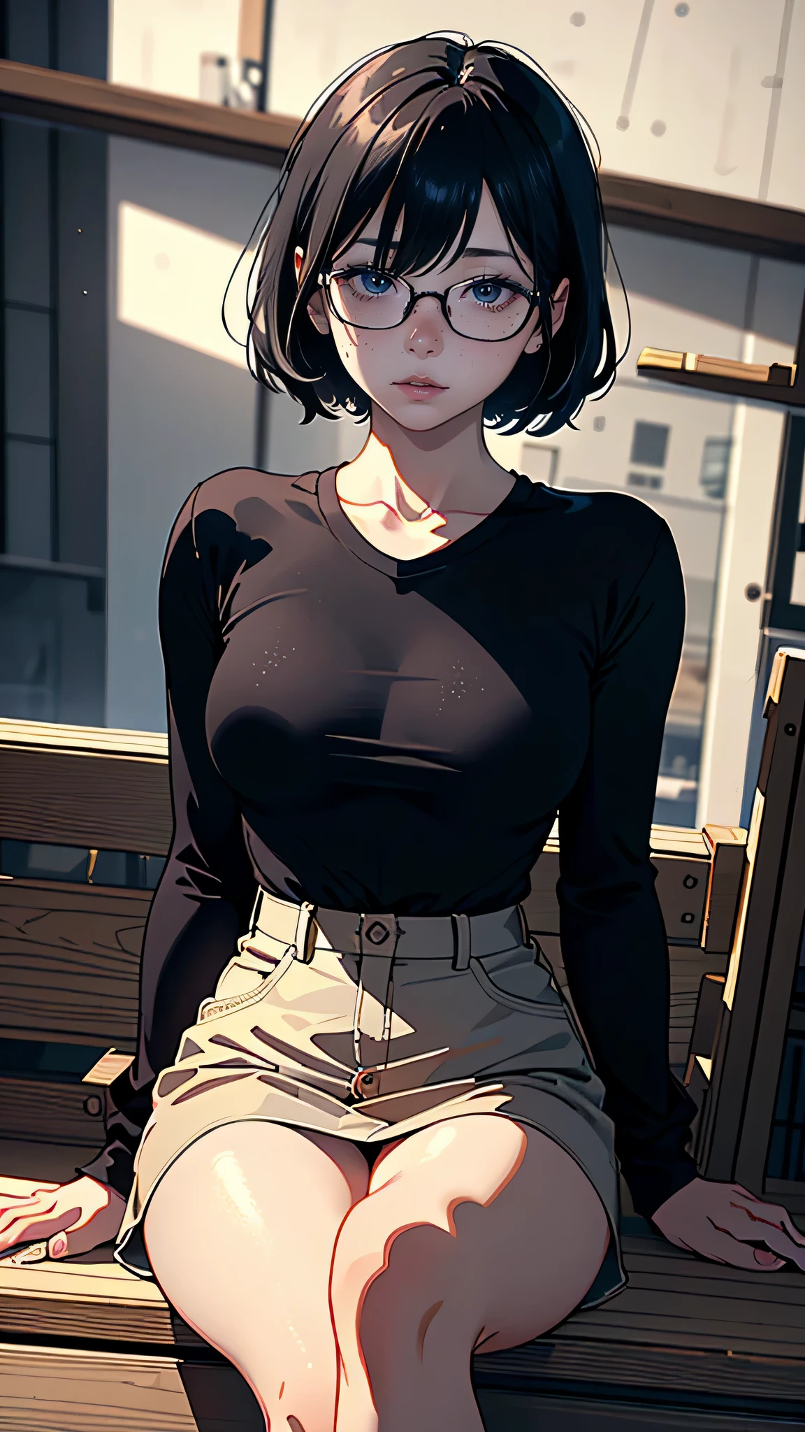 masterpiece, highest quality, (Highly detailed CG Unity 8k wallpaper), (highest quality), (Best illustrations), (Best Shadow), Confused, Realistic lighting, (abyss), Beautiful and delicate shine, Woman working at a construction site,Helmet,Random Pause,((Long sleeve shirt)),Cute freckles on the cheeks,Mole under left eye,There is a woman sitting on the floor with her legs crossed.., wear glasses, Japanese Model, wear glasses on, With square glasses, Young sensual gravure idol, yasumoto oka, A real young gravure idol, no glasses,