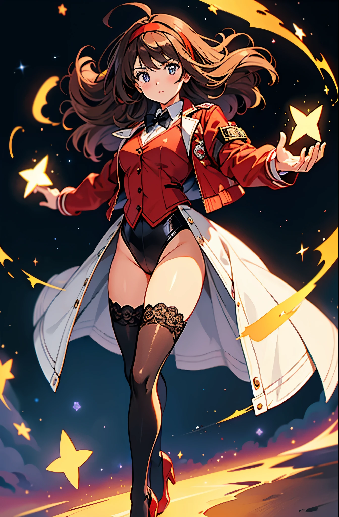 Woman with brown eyes, age 21 (medium hair, dark brown hair, wavy hair, red hairband), ahoge, ((white blouse with black stars, vest, jacket, opened jacket, red jacket with stars)), ((black leotard, bare legs, black thigh highs, high-heel shoes)), purple stellar energy around, cosmic power, cosmic shining power. purple eyes, beautiful detailed eyes, beautiful detailed face, cute face, perfect hands, complete fingers, perfect anatomy, perfect proportions. (casting a spell). full body costume design, full body, cowboy shot.
