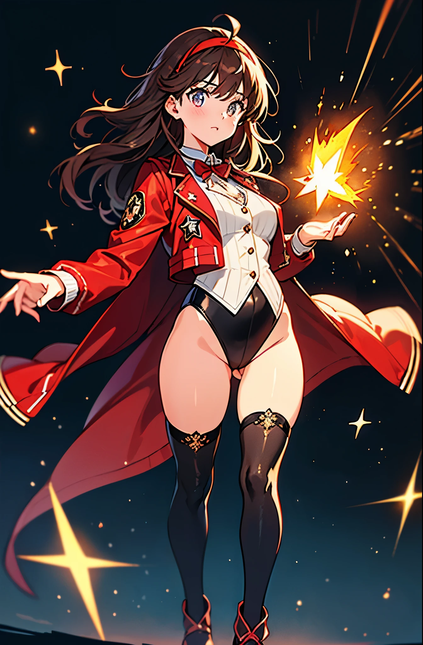 Woman with brown eyes, age 21 (medium hair, dark brown hair, wavy hair, red hairband), ahoge, ((white blouse with black stars, vest, jacket, opened jacket, red jacket with stars)), ((black leotard, bare legs, black thigh highs, high-heel shoes)), purple stellar energy around, cosmic power, cosmic shining power. purple eyes, beautiful detailed eyes, beautiful detailed face, cute face, perfect hands, complete fingers, perfect anatomy, perfect proportions. (casting a spell). full body costume design, full body, cowboy shot.
