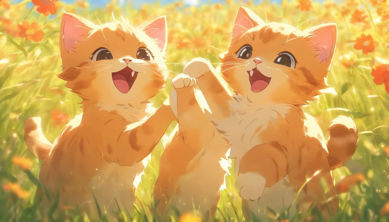 Two kittens singing and dancing in a summer field 