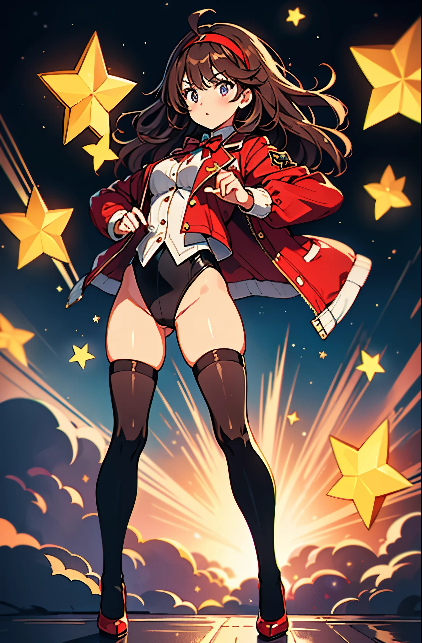 Woman with brown eyes, age 21 (medium hair, dark brown hair, wavy hair, red hairband), ahoge, ((white blouse with black stars, vest, jacket, opened jacket, red jacket with stars)), ((black leotard, bare legs, black thigh highs, high-heel shoes)), purple stellar energy around, cosmic power, cosmic shining power. purple eyes, beautiful detailed eyes, beautiful detailed face, cute face, perfect hands, complete fingers, perfect anatomy, perfect proportions. (casting a spell). full body costume design, full body, cowboy shot.