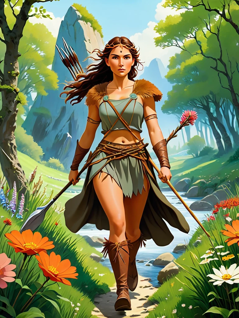 Create a picture of A beautiful fit and athletic Neolithic European Female Hunter in a Neolithic Flowery Woods during Neolithic Spring, detailed beautiful face, carrying her new big and long spears with strong sharp copper tip, wearing hunter leather protection clothing made from natural materials like leather shoes, leaves and bark, running so fast carrying the big and long spears with sharp copper tip chasing the prey, with a small Neolithic village and ancient standing stones in the background, photorealistic digital painting, vibrant colors, insanely detailed and intricate scene, with wildlife, featuring a meandering river or stream, with more flowers and plants in the foreground, art by Alphonse Mucha, Greg Rutkowski and Studio Ghibli Aesthetic