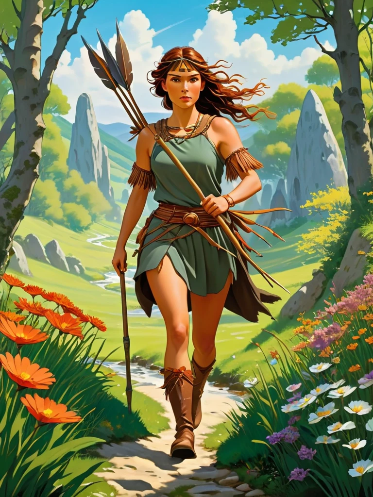 Create a picture of A beautiful fit and athletic Neolithic European Female Hunter in a Neolithic Flowery Woods during Neolithic Spring, detailed beautiful face, carrying her new big and long spears with strong sharp copper tip, wearing hunter leather protection clothing made from natural materials like leather shoes, leaves and bark, running so fast carrying the big and long spears with sharp copper tip chasing the prey, with a small Neolithic village and ancient standing stones in the background, photorealistic digital painting, vibrant colors, insanely detailed and intricate scene, with wildlife, featuring a meandering river or stream, with more flowers and plants in the foreground, art by Alphonse Mucha, Greg Rutkowski and Studio Ghibli Aesthetic