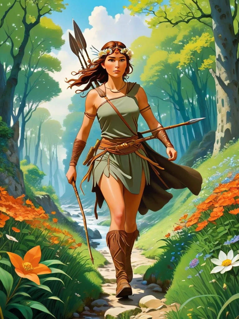 Create a picture of A beautiful fit and athletic Neolithic European Female Hunter in a Neolithic Flowery Woods during Neolithic Spring, detailed beautiful face, carrying her new big and long spears with strong sharp copper tip, wearing hunter leather protection clothing made from natural materials like leather shoes, leaves and bark, running so fast carrying the big and long spears with sharp copper tip chasing the prey, with a small Neolithic village and ancient standing stones in the background, photorealistic digital painting, vibrant colors, insanely detailed and intricate scene, with wildlife, featuring a meandering river or stream, with more flowers and plants in the foreground, art by Alphonse Mucha, Greg Rutkowski and Studio Ghibli Aesthetic