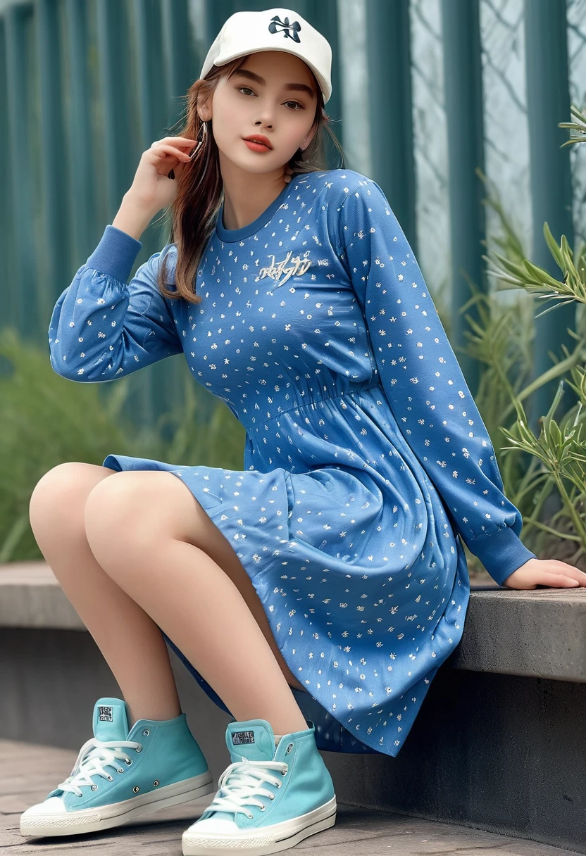 (((RAW image quality: 1.4))), highest quality, very high resolution, (realistic: 1.4), Wearing a long-sleeved dress with current trend motifs such as springs and sneakers、photo of active young girl, sitting, medium breast size, full body photo, baseball cap, random pose、outdoor background