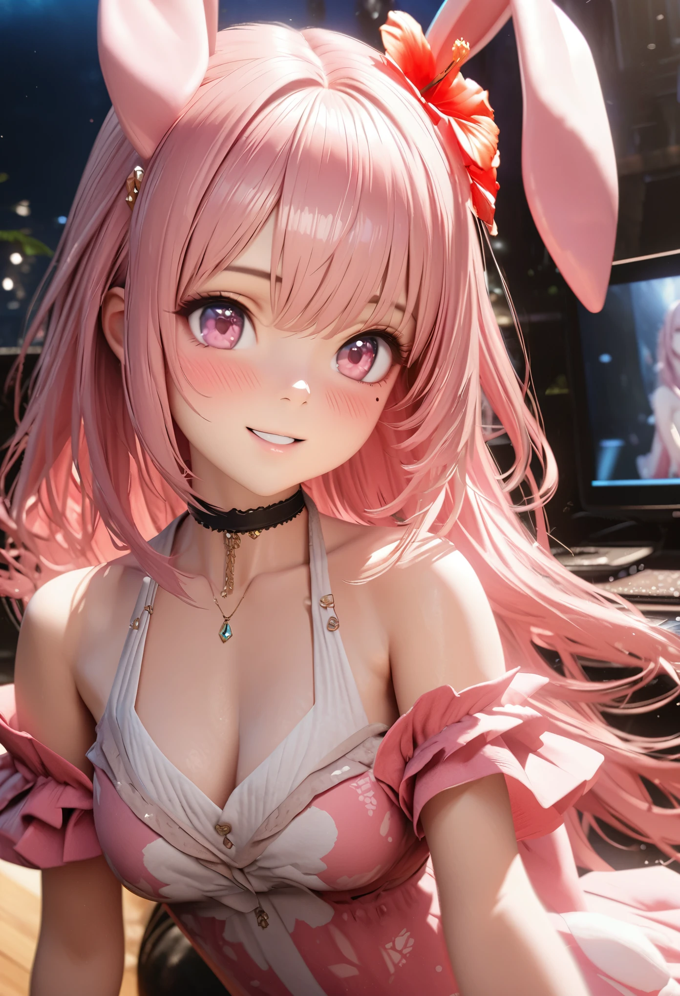 masterpiece,highest quality, Very detailed, High resolution, expensive resolution, High resolution, 4K, 8k, unity 8k wallpaper, Very detailed CG, masterpiece, 2D, 3D, Beautiful details, depth, Fine texture , highest quality: 1.3, Fully focused, Crispy.skin, .he,
Very cute anime girl 、idol, bikini、Large Breasts、Pink medium-long hair wearing expensive , Mole under the eye, looking at the viewer , expensive , blush, Mole, Lips parted, Pink Eyes, Heart-shaped choker smile