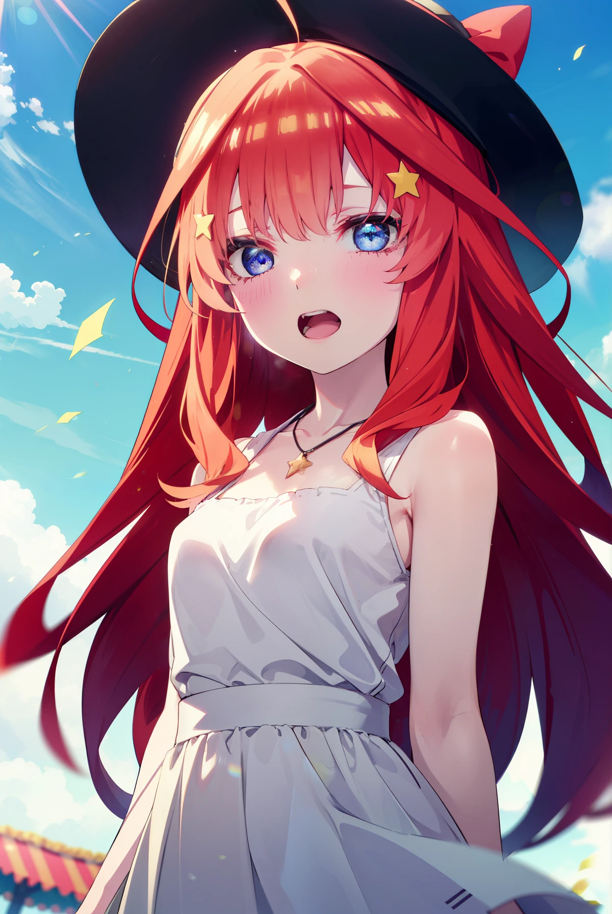 itsukinakano, Itsuki Nakano, bangs, blue eyes, Hair between the eyes, Ahoge, Redhead, star \(symbol\), hair ornaments, star hair ornaments,
(Great Laugh:1.1), (Open your mouth:1.1), Sun glare, Bokeh, Written boundary depth, blurred background, Particles of light, Strong winds, (Heart Particles:1.1),white hat,White long skirt integrated dress,Exposing shoulders,bare clavicle,Bare neck,Bare arms,Cute Sandals,slouch,Look up,Daytime,Clear skies,Heart Necklace,　　 break looking at viewer, Upper Body, whole body,(Cowboy Shot:1. 3) 　　　　　　　　　　　　　　　break outdoors, amusement park　　　　　　　　　　　　break (masterpiece:1.2), highest quality, High resolution, unity 8k wallpaper, (shape:0.8), (Fine and beautiful eyes:1.6), Highly detailed face, Perfect lighting, Highly detailed CG, (Perfect hands, Perfect Anatomy),