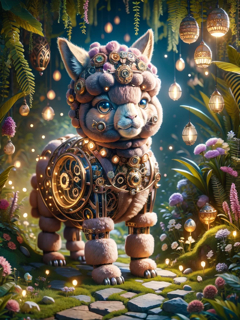((Cute mechanical alpaca)), ((solo)), Its body is made of fine copper and silver components, Its eyes are like two sparkling gems., transparent, Under the neon lights, High-precision mechanical parts work together to create a sparkling effect, Surrounded by exotic plants to create a mysterious, Fantastic atmosphere, The scene combines traditional themes with a futuristic steampunk style, Showcasing intricate alpaca designs and magical garden settings, UHD, masterpiece, ccurate, anatomically correct, super detail, best quality, 8k