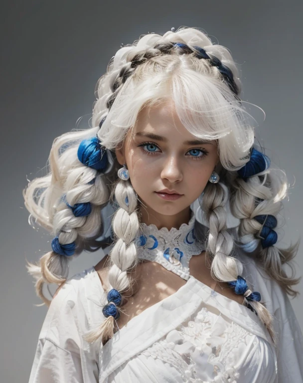 Beautiful girl priestess, Blue eyes, other facial features, intricate hairstyle, Braids, white clothes, soft power in a glance, high quality, realism.