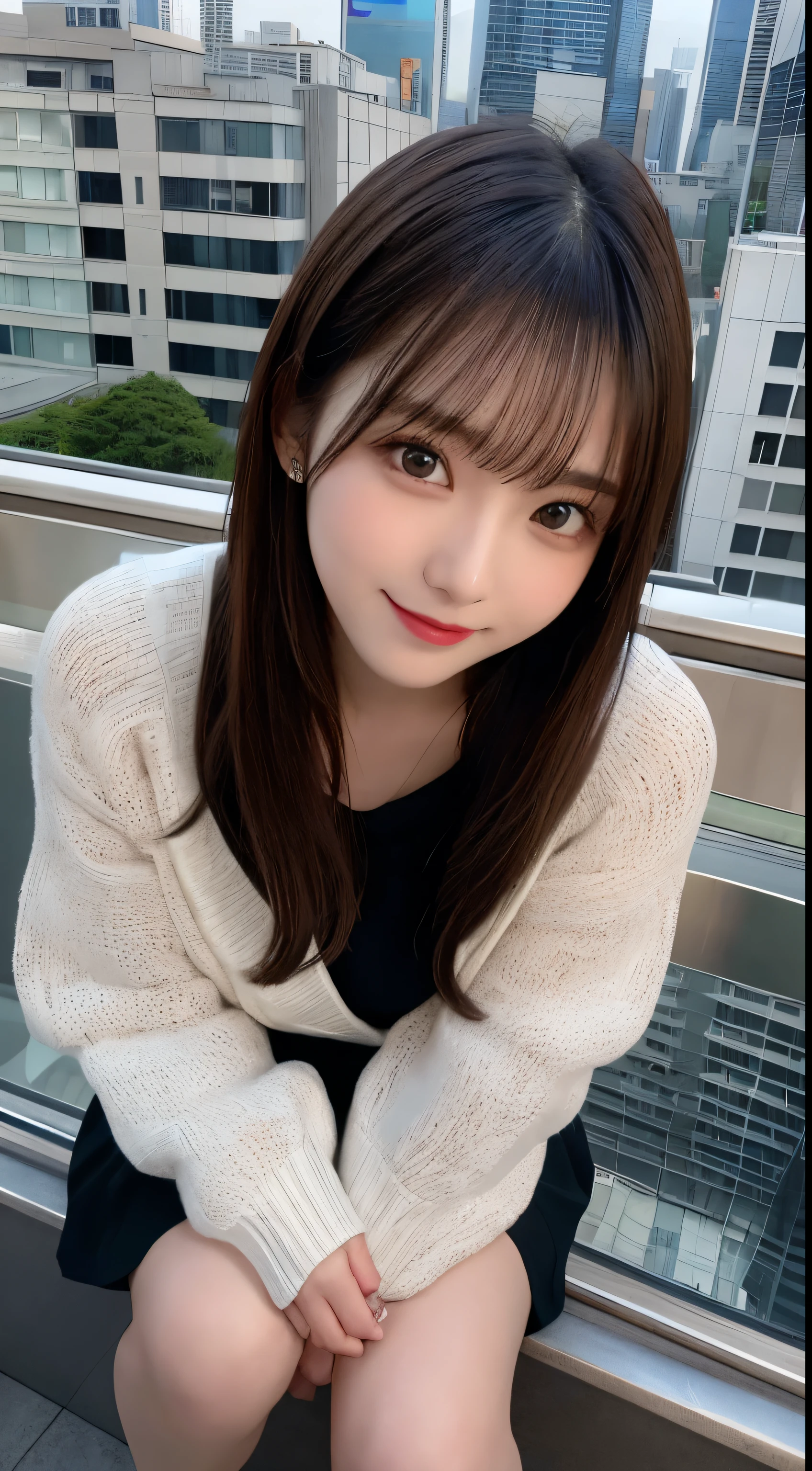 table top, highest quality, shape, Super detailed, finely, High resolution, 8k wallpaper, perfect dynamic composition shape, beautiful and detailed eyes, small breasts, natural color lip, random sexy pose,smile,big city、20 year old girl、midnight、Beautiful and dense face、perfect and beautiful face,Big eyes、real photos（best image quality）,one piece（Hide your chest）、dress（long sleeve）、Jacket、Taken from above the knees（from bottom to top）、The Roof Shibuya Sky top floor background
