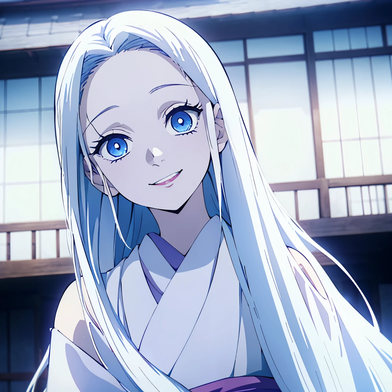 (1 girl, White long straight hair, blue eyes), kimono, white haori, white hair, smily eyes, room, face focus, (opened mouth), happy face,(half-up half-down hairstyle), japanese animation color style, vivid colors, from front, outdoor, day time, 