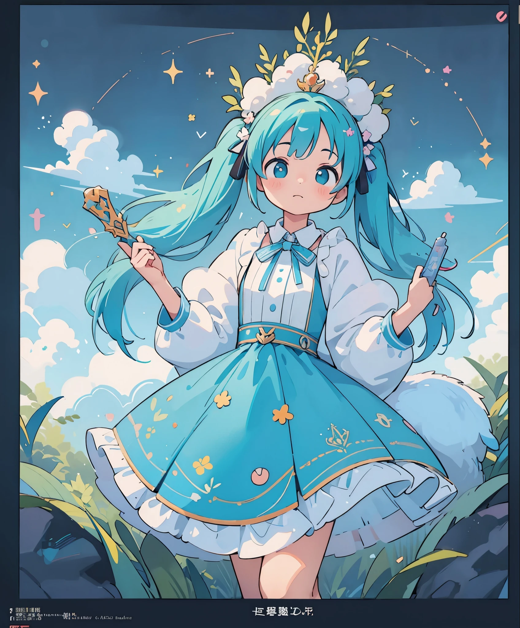(masterpiece、highest quality、highest quality、Official Art、Beautiful and beautiful:1.2)、(One girl:1.3)Hatsune Miku、Twin tails,Big Breasts,((Stickers)),Stickers,1 girl, With sword, White Background,Simple Background,Concept Art,Under Art,Anime Style,Wonderland、Fantasy,masterpiece,hd,colorful,detailed details,seven colors,(highest quality,masterpiece, Complex,Very detailedな,8K Ultra HD,Ultra-high resolution,Very detailed),