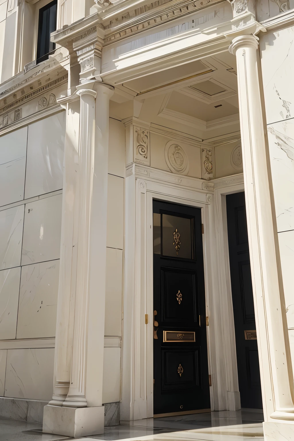 A captivating close-up photograph of a white neo-classical building with a black door and an inviting balcony. The exquisite architecture is adorned with intricate details, reflecting the neoclassical style's timeless elegance and grace. Neo-classicism's grandeur and harmony are beautifully captured in this masterpiece, worthy of recognition as a classicism artstyle and neoclassical architecture symbol.
The building's pristine white facade is a testament to its well-preserved neoclassicism style, with the black door adding an intriguing contrast. The balcony, with its ornate railing and elegant columns, extends inv
