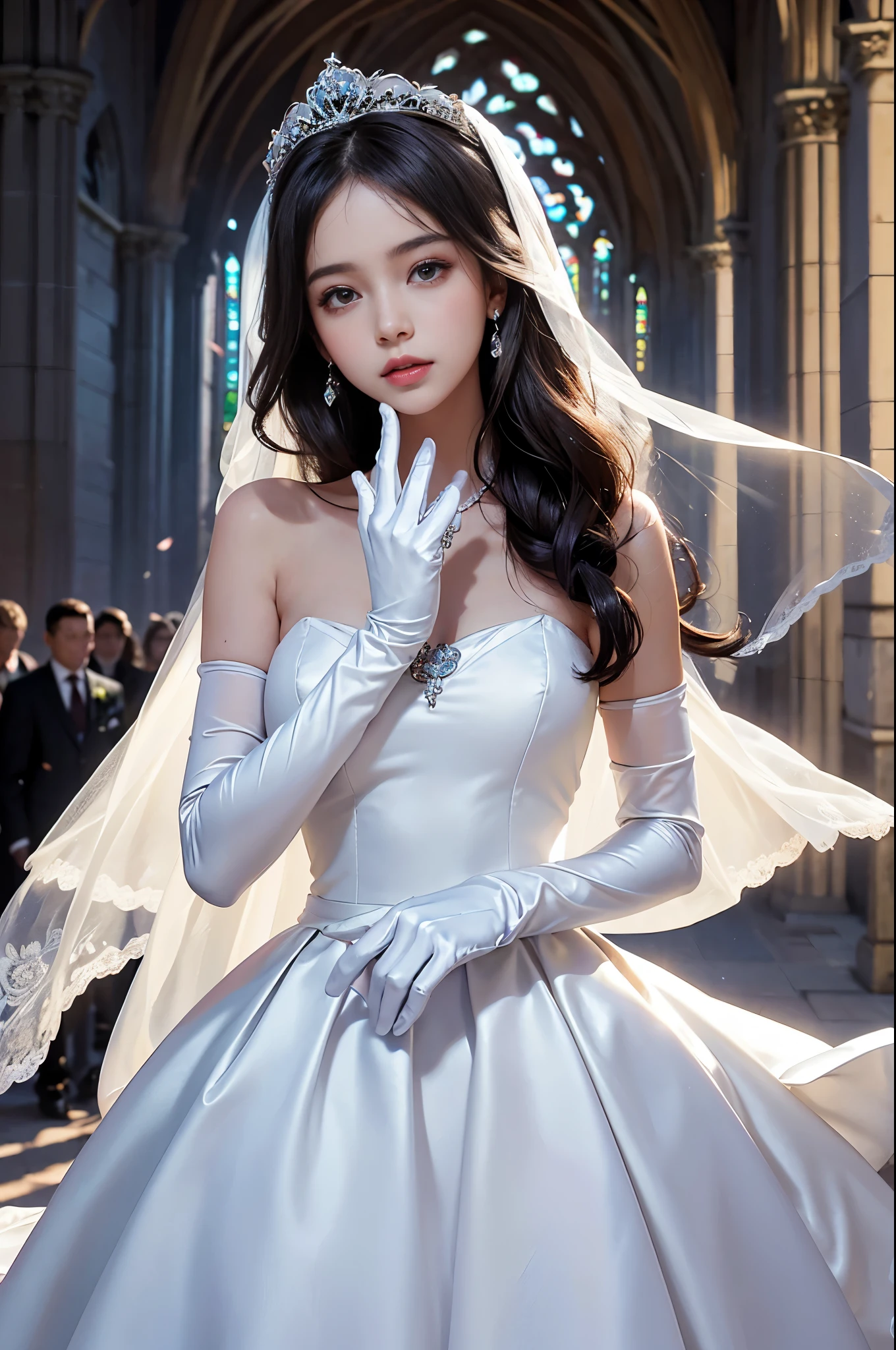 best quality, masterpiece, 1 girl, yak, cute , shiny lips, sweet, sun glare, Conservative attire, white gloves, wedding dress, Bridal tiara, depth of field, blurred background, Cathedral Background, light particles, strong wind, long hair, head tilt