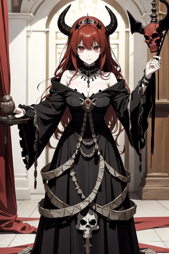 ((highest quality)), ((masterpiece)), (be familiar with), Perfect Face、The Enchanting Body of Celica（FE）、Red hair、The perfect proportions、semi-long、necklace、Bangles、Caster wheel、Circlet、Luxury Accessories、first round、Fallen into evil、、Blank look、Engagement Rings、Hollow Eyes、Ritual of Summoning Demons、Dark Room、Red magic circle on the floor、大量のSkeleton Candelabraと蝋燭、darkness、Black sheets、Devil's Altar、Suspicious rituals、A large number of skull objects、Big magic circle on the floor、Skeleton Candelabra、Luxury Jewelry、Be baptized by the devil、Skeleton Crown、black large gemstone pendant、empty eyes、Apathy、Expressionless、Black priestly uniform、devil&#39;s priest、believer in demons、dark priest、Black religious clothing、Richly decorated priestly vestments、Black clothes、Black Veil、Devil's Ornaments、Devil&#39;s Accessories、Temple of the Devil、Baphomet&#39;s Servant、Standing in front of the altar、Open your arms、Big devil statue、Black interior、Big devil statueに祈りを捧げる、Large goat-headed devil statue、Big Baphomet statue、Wear a skeleton mask