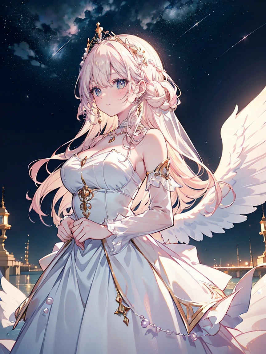 (highest quality, masterpiece, Very detailed, Very detailed, Exquisite, 16k,Full HD),Pull,Golden Ratio,Dramatic lighting,pastel colour,Floating in the air,Soft lighting, ((alone:1.5)),Seaside,moonの光,Starry Sky,meteor,moon,((whole body)),(Angel Princess, Blue eyes, Long eyelashes,White skin,slim,pale pink plump lips,Pale pink cheeks, The wind is blowing,White fluffy hair,thin and long,(See-through),(Huge angel wings growing from just above her waist),(pearl tiara,Pearl Earrings,Pearl Earrings,pearl choker),(Wearing only a white:1.1), pure white lace and frills,(blush,1.2), (Fantasy, Romantic atmosphere), (((Expose)))