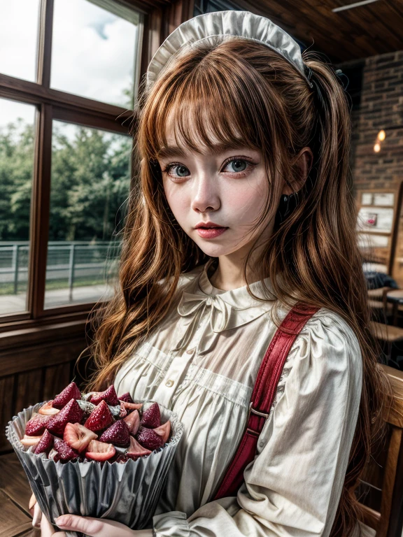 Promotional photo, the place is a coffee shop, 1 girl, 16-year-old face, waitress carrying cake to the table, red-haired twin tails, gentle face, half costume of gothic lolita and maid costume with the image of strawberries, clothes based on white,