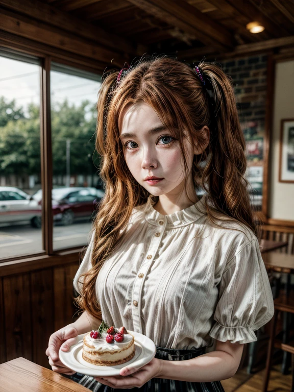 Promotional photo, the place is a coffee shop, 1 girl, -yeld fa waitress carrying cake to the table, red-haired twin tails, gentle face, half costume of gothic lolita and maid costume with the image of strawberries, clothes based on white,