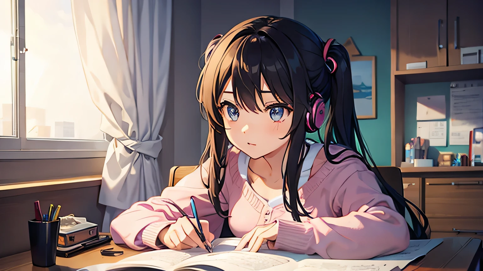 A girl studying in her room while listening to headphones　warm lighting　It&#39;s sunny outside the room　Japanese anime style