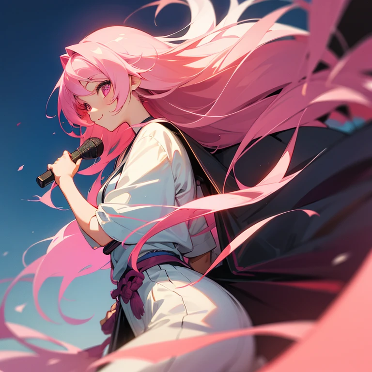 cute anime girl looking at view,pink hair,pink eyes,medium long hair,smile,using japanese