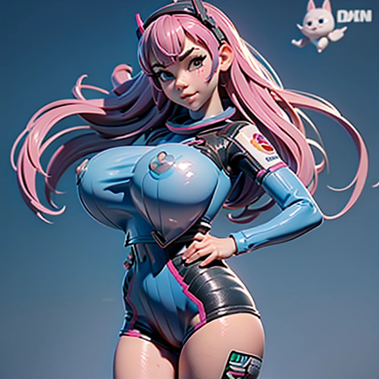 3dcg, 3d, Japanese anime face, cute face, overwatch, orverwatch, d.va, d.va‘s suit, (((Huge breasts, gigantic breasts, Big Breasts, Protruding nipples, Protruding areola, round breasts))),  latexsuit, Latex suit, Clothes that stick perfectly,  Glowing Skin, shiny oiled skin, Simple Background, One Girl